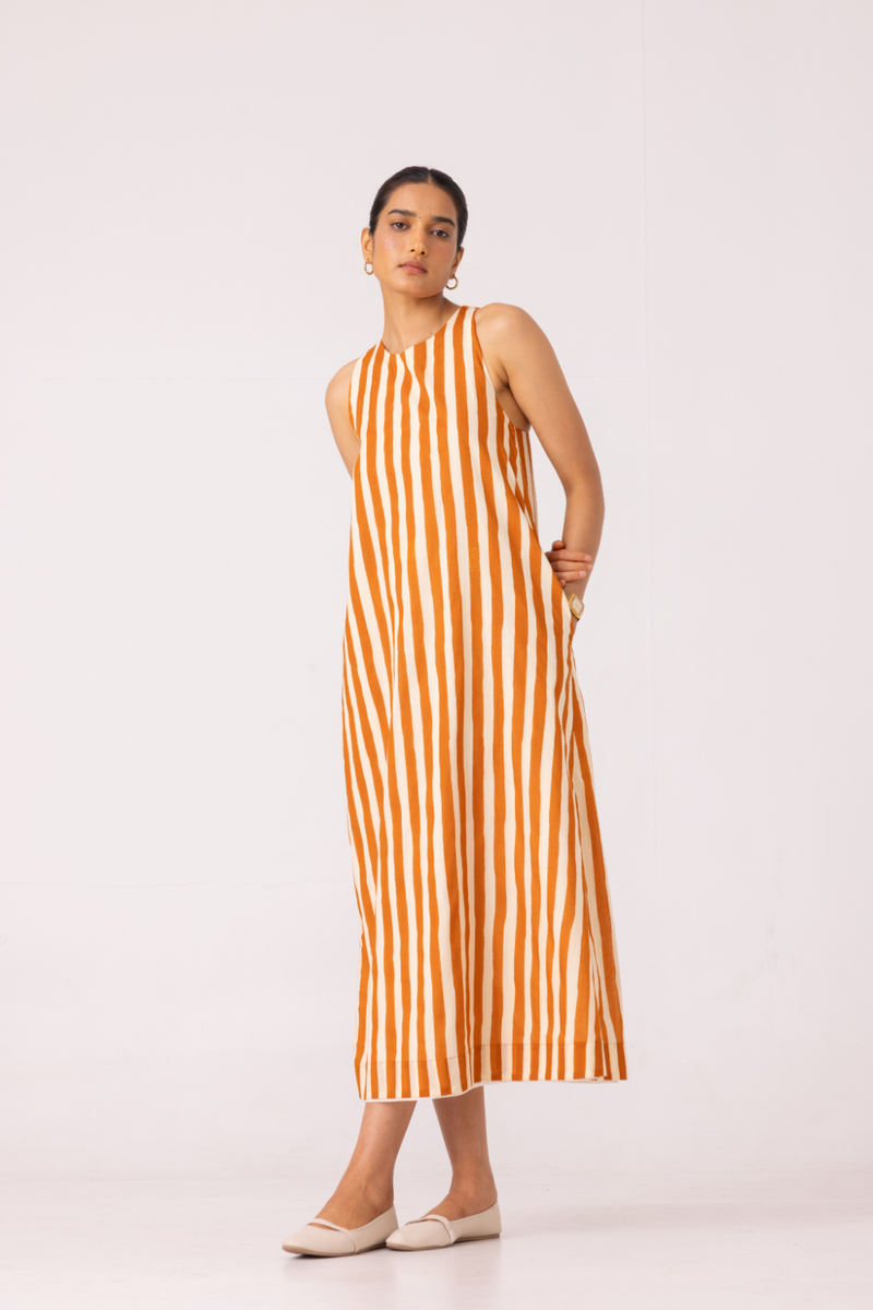 Amaran Rust Striped Midi Dress cotton by The Summer House for women in Singapore