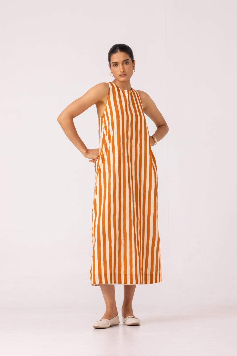 Amaran Rust Striped Midi Dress cotton by The Summer House for women in Singapore