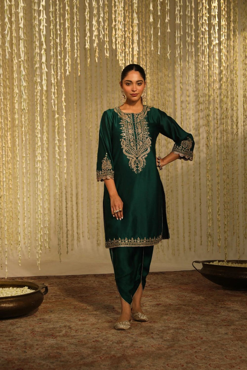 Amayra Straight kurta with Dhoti-Emerald Green silk by SHEETAL BATRA for women in Singapore