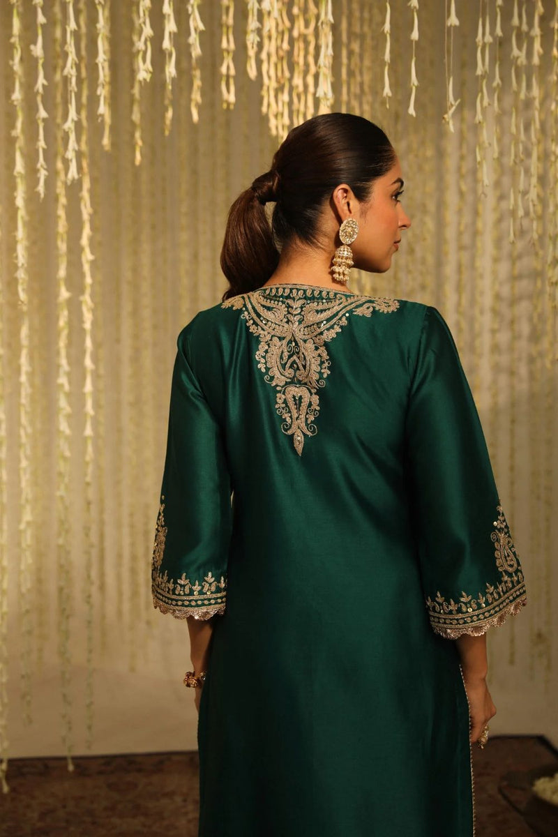 Amayra Straight kurta with Dhoti-Emerald Green silk by SHEETAL BATRA for women in Singapore