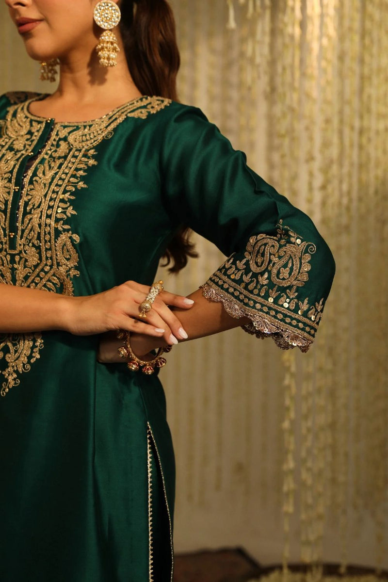 Amayra Straight kurta with Dhoti-Emerald Green silk by SHEETAL BATRA for women in Singapore