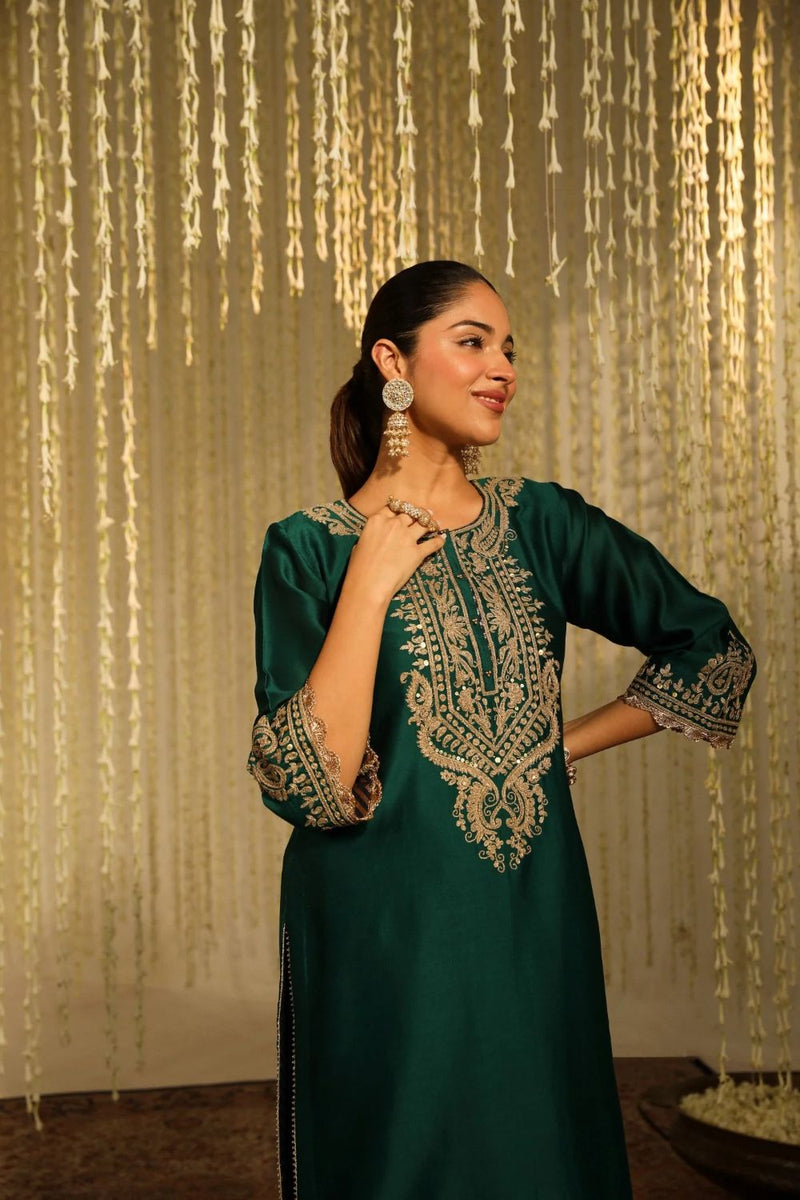 Amayra Straight kurta with Dhoti-Emerald Green silk by SHEETAL BATRA for women in Singapore