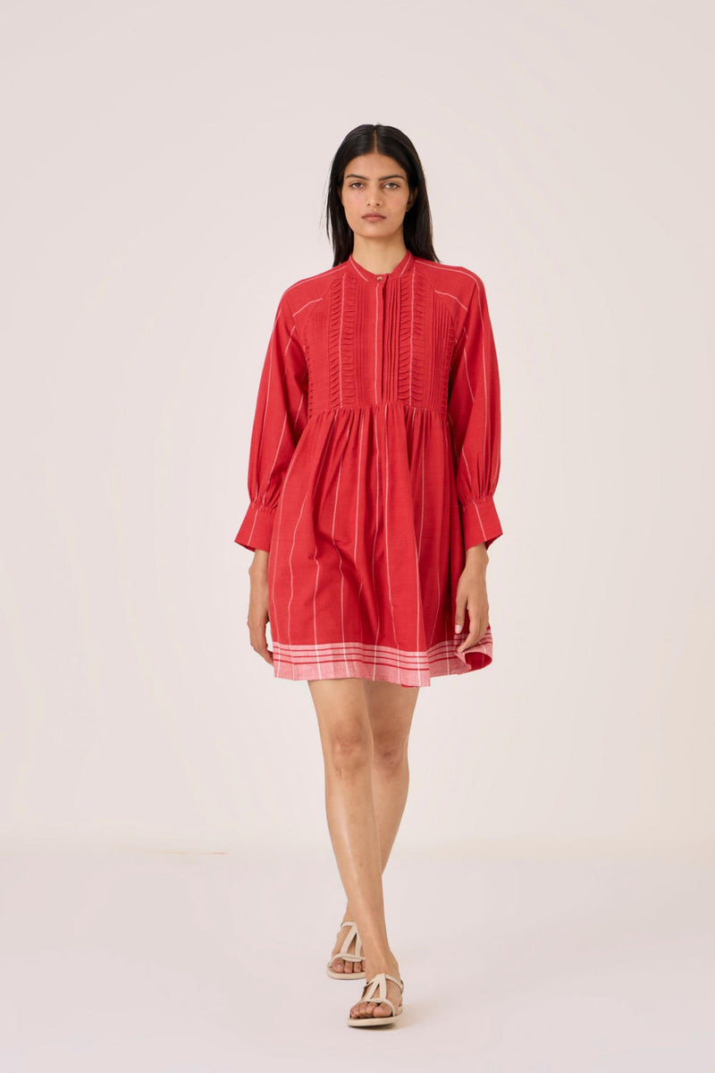 Amila Red Stripe Shirt Dress cotton by The Summer House in red color for women in Singapore