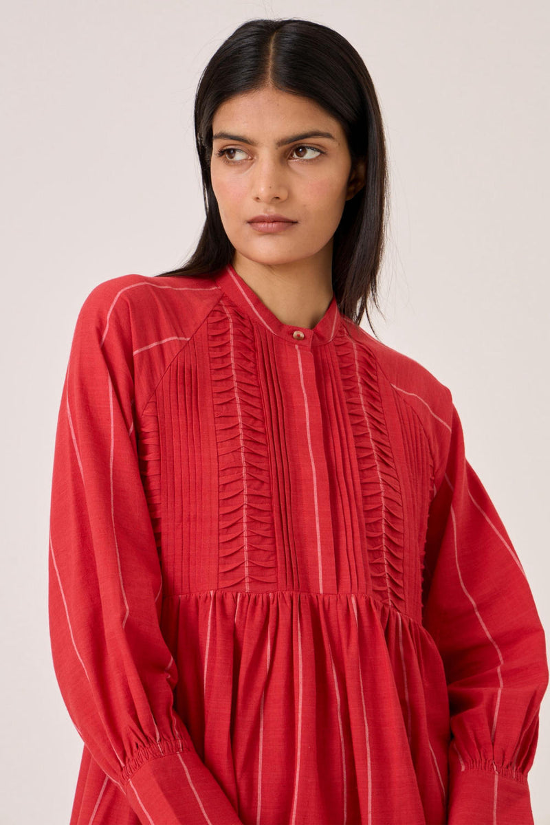 Amila Red Stripe Shirt Dress cotton by The Summer House in red color for women in Singapore