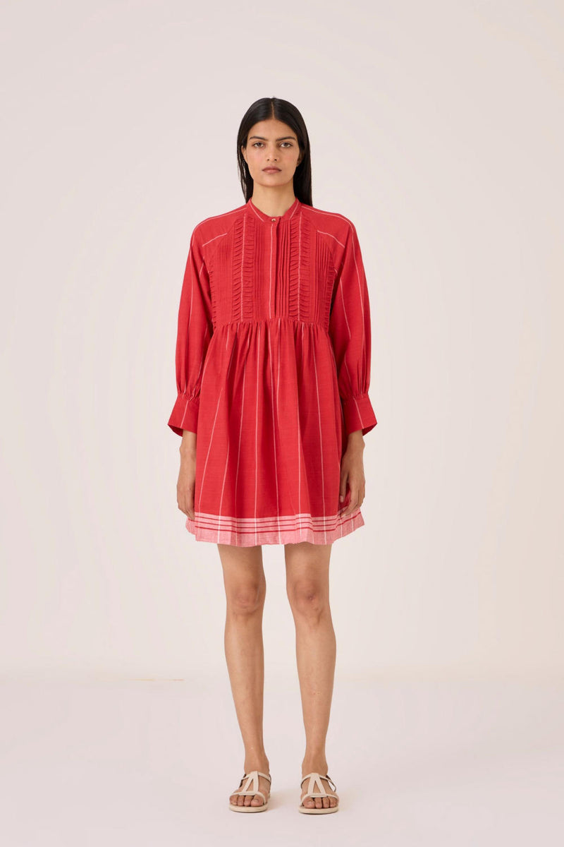 Amila Red Stripe Shirt Dress cotton by The Summer House in red color for women in Singapore