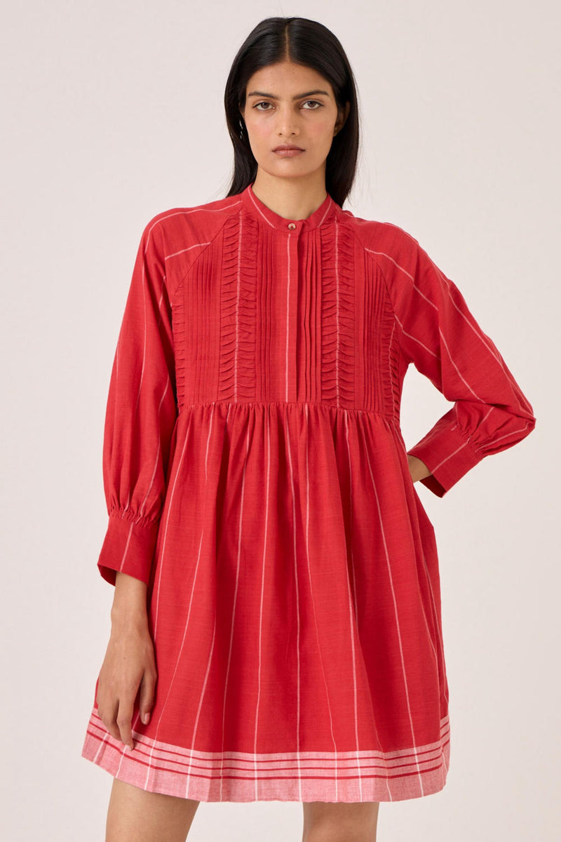 Amila Red Stripe Shirt Dress cotton by The Summer House in red color for women in Singapore