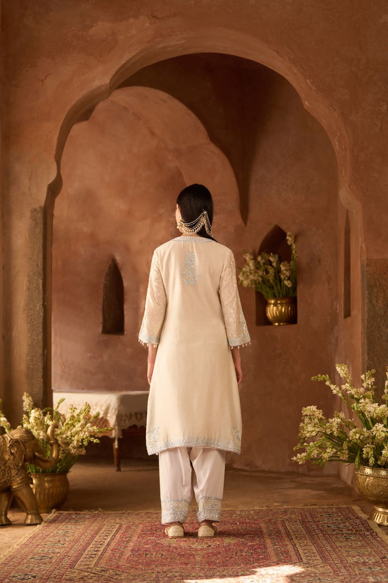 ANAM - DAISY IVORY WITH BLUE A-LINE KURTA WITH SALWAR AND DUPATTA silk organza kurta/kurta set by SHEETAL BATRA in daisy ivoy with blue for women in Singapore