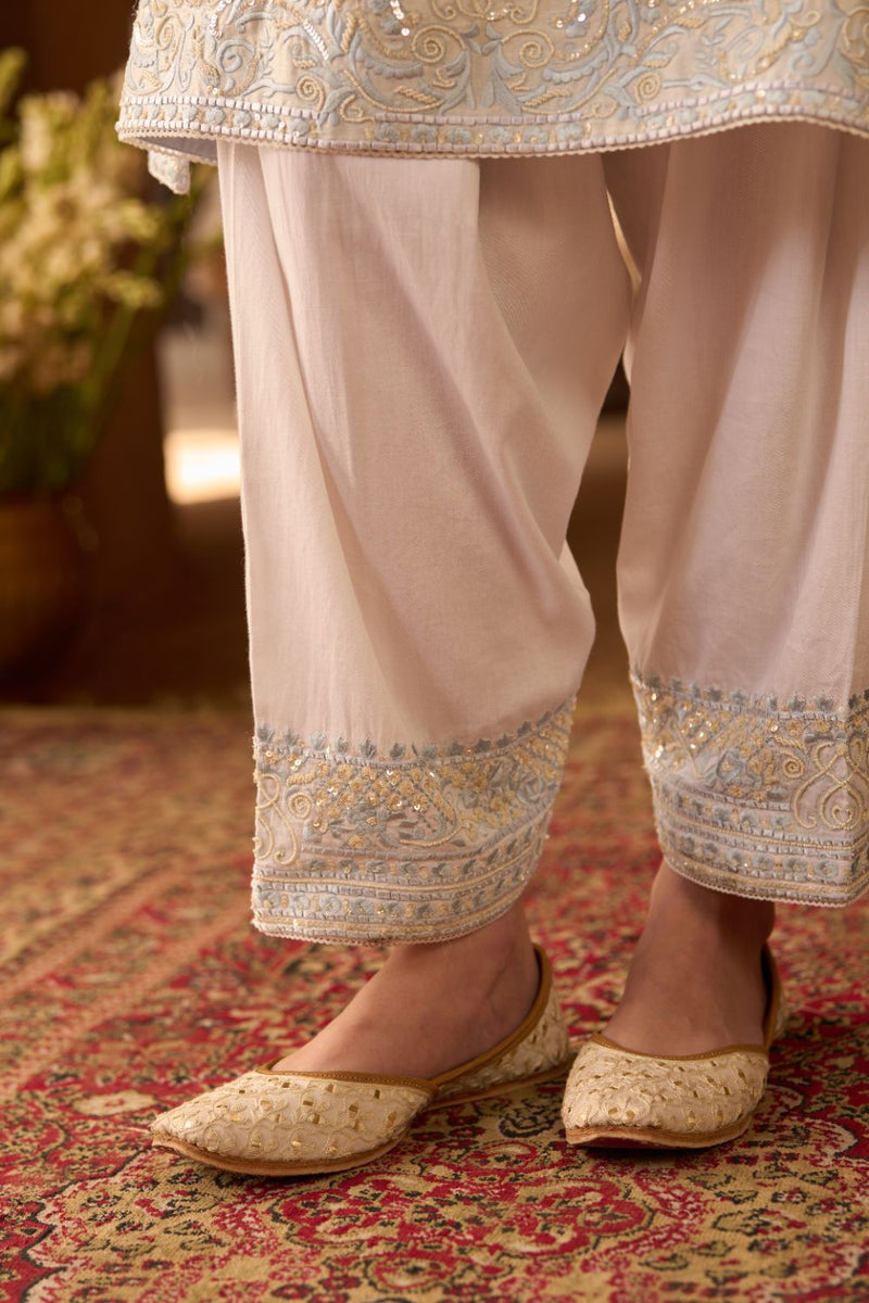 ANAM - DAISY IVORY WITH BLUE A-LINE KURTA WITH SALWAR AND DUPATTA silk organza kurta/kurta set by SHEETAL BATRA in daisy ivoy with blue for women in Singapore