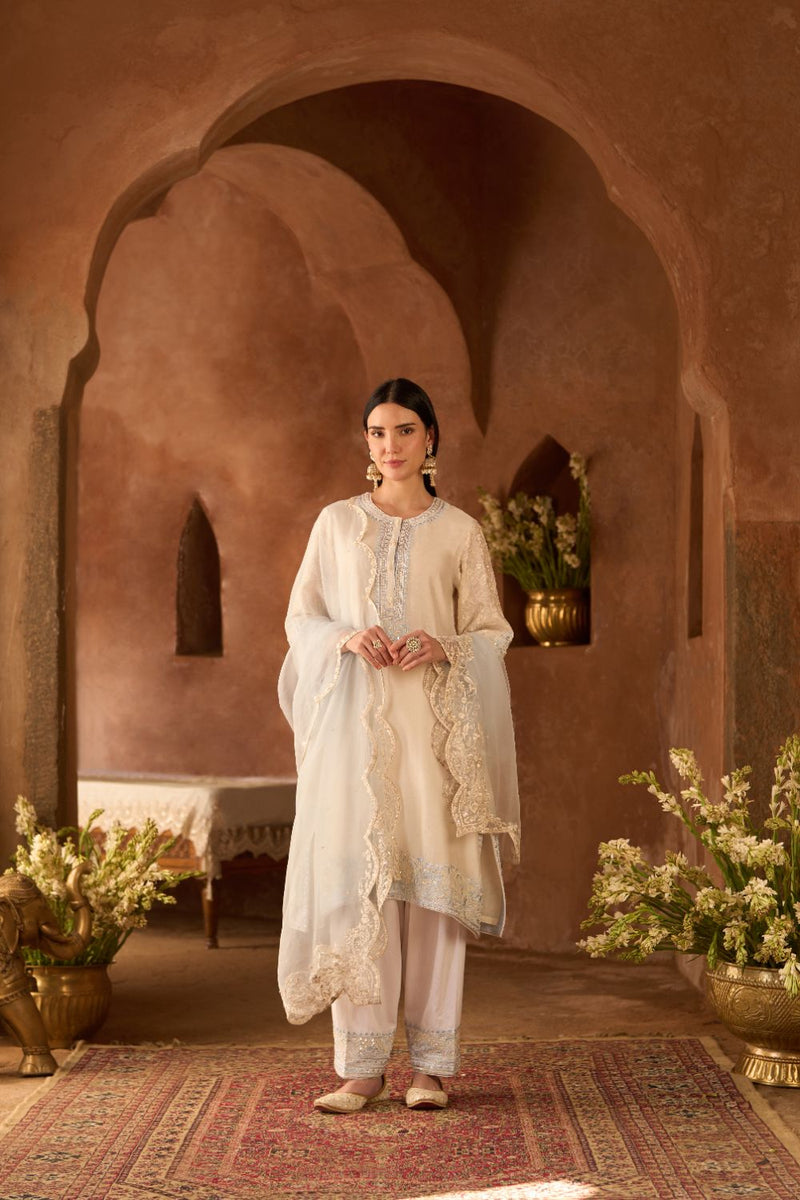 ANAM - DAISY IVORY WITH BLUE A-LINE KURTA WITH SALWAR AND DUPATTA silk organza kurta/kurta set by SHEETAL BATRA in daisy ivoy with blue for women in Singapore