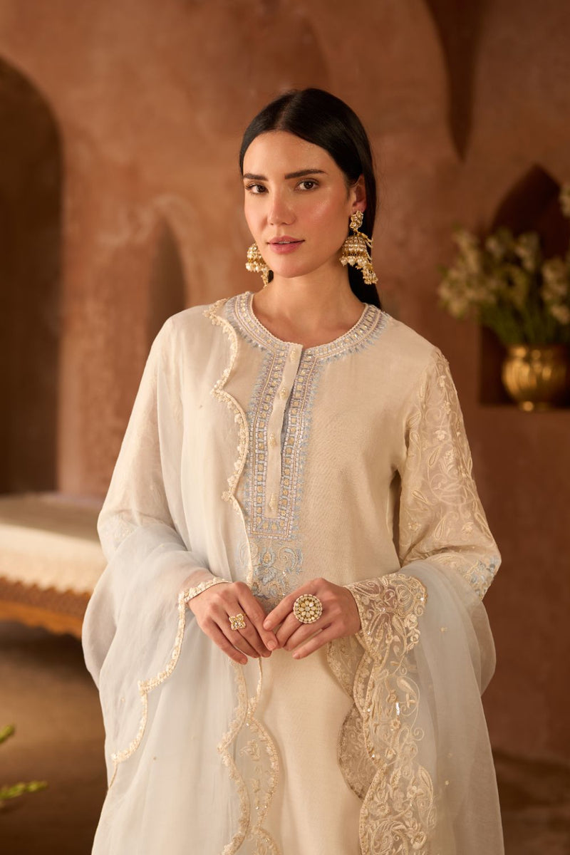 ANAM - DAISY IVORY WITH BLUE A-LINE KURTA WITH SALWAR AND DUPATTA silk organza kurta/kurta set by SHEETAL BATRA in daisy ivoy with blue for women in Singapore