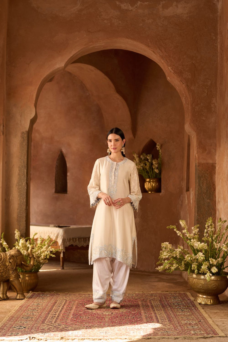 ANAM - DAISY IVORY WITH BLUE A-LINE KURTA WITH SALWAR AND DUPATTA silk organza kurta/kurta set by SHEETAL BATRA in daisy ivoy with blue for women in Singapore