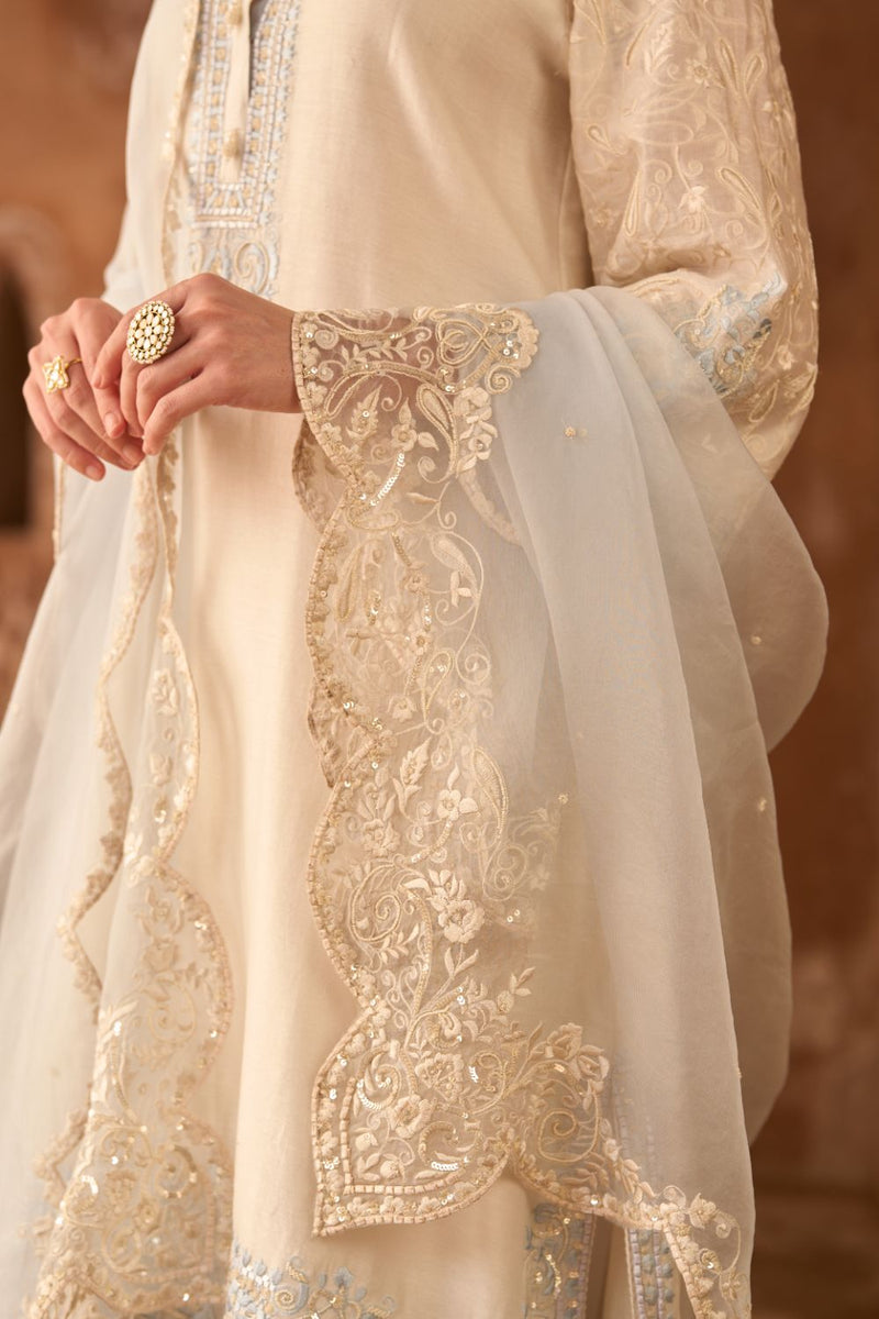 ANAM - DAISY IVORY WITH BLUE A-LINE KURTA WITH SALWAR AND DUPATTA silk organza kurta/kurta set by SHEETAL BATRA in daisy ivoy with blue for women in Singapore