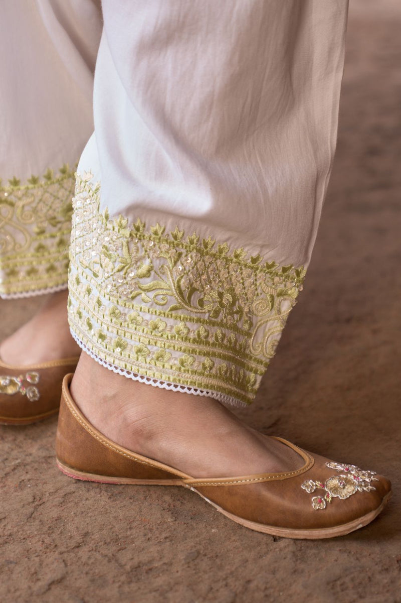 ANAM - DAISY IVORY WITH MINT GREEN A-LINE KURTA WITH SALWAR AND DUPATTA silk organza kurta/kurta set by SHEETAL BATRA in daisy ivoy with mint green for women in Singapore