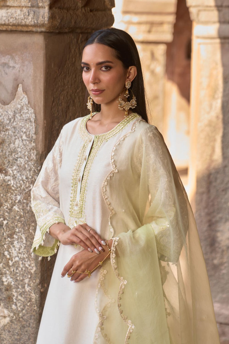 ANAM - DAISY IVORY WITH MINT GREEN A-LINE KURTA WITH SALWAR AND DUPATTA silk organza kurta/kurta set by SHEETAL BATRA in daisy ivoy with mint green for women in Singapore