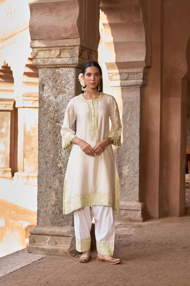 ANAM - DAISY IVORY WITH MINT GREEN A-LINE KURTA WITH SALWAR AND DUPATTA silk organza kurta/kurta set by SHEETAL BATRA in daisy ivoy with mint green for women in Singapore