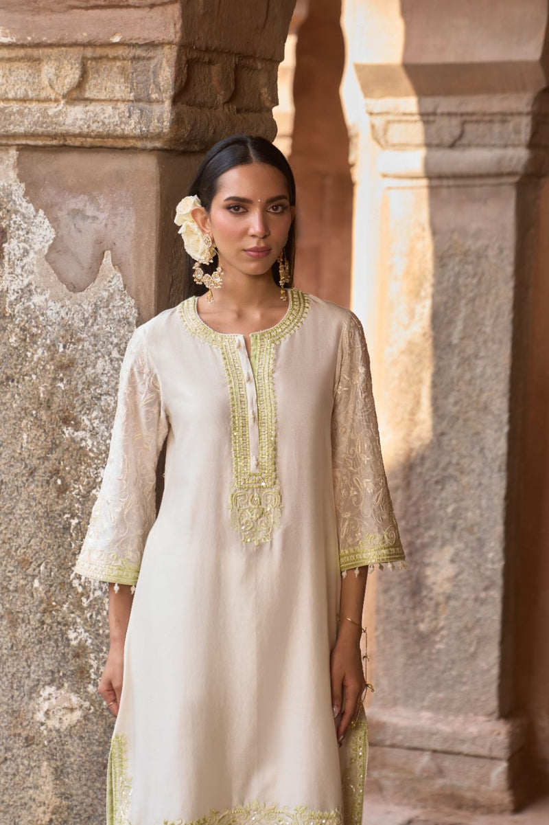 ANAM - DAISY IVORY WITH MINT GREEN A-LINE KURTA WITH SALWAR AND DUPATTA silk organza kurta/kurta set by SHEETAL BATRA in daisy ivoy with mint green for women in Singapore