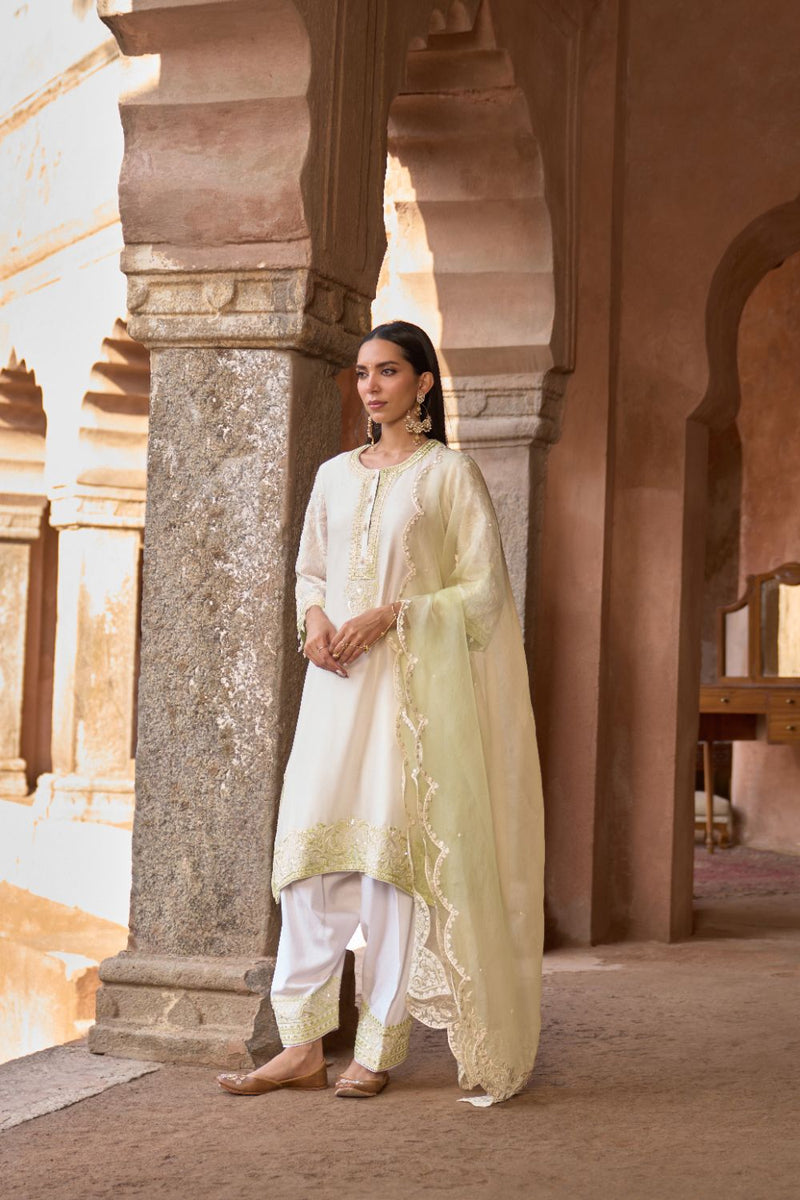 ANAM - DAISY IVORY WITH MINT GREEN A-LINE KURTA WITH SALWAR AND DUPATTA silk organza kurta/kurta set by SHEETAL BATRA in daisy ivoy with mint green for women in Singapore
