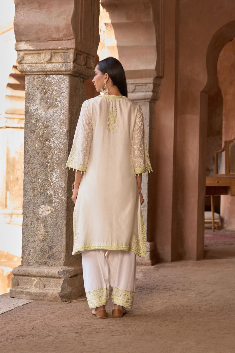 ANAM - DAISY IVORY WITH MINT GREEN A-LINE KURTA WITH SALWAR AND DUPATTA silk organza kurta/kurta set by SHEETAL BATRA in daisy ivoy with mint green for women in Singapore