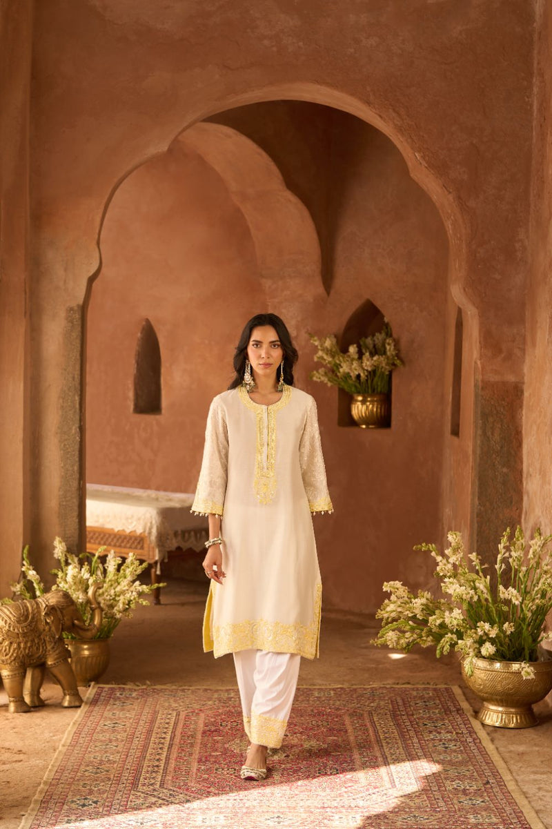 ANAM - DAISY IVORY WITH LEMON YELLOW A-LINE KURTA WITH SALWAR AND DUPATTA silk organza kurta/kurta set by SHEETAL BATRA in daisy ivoy with lemon yellow for women in Singapore