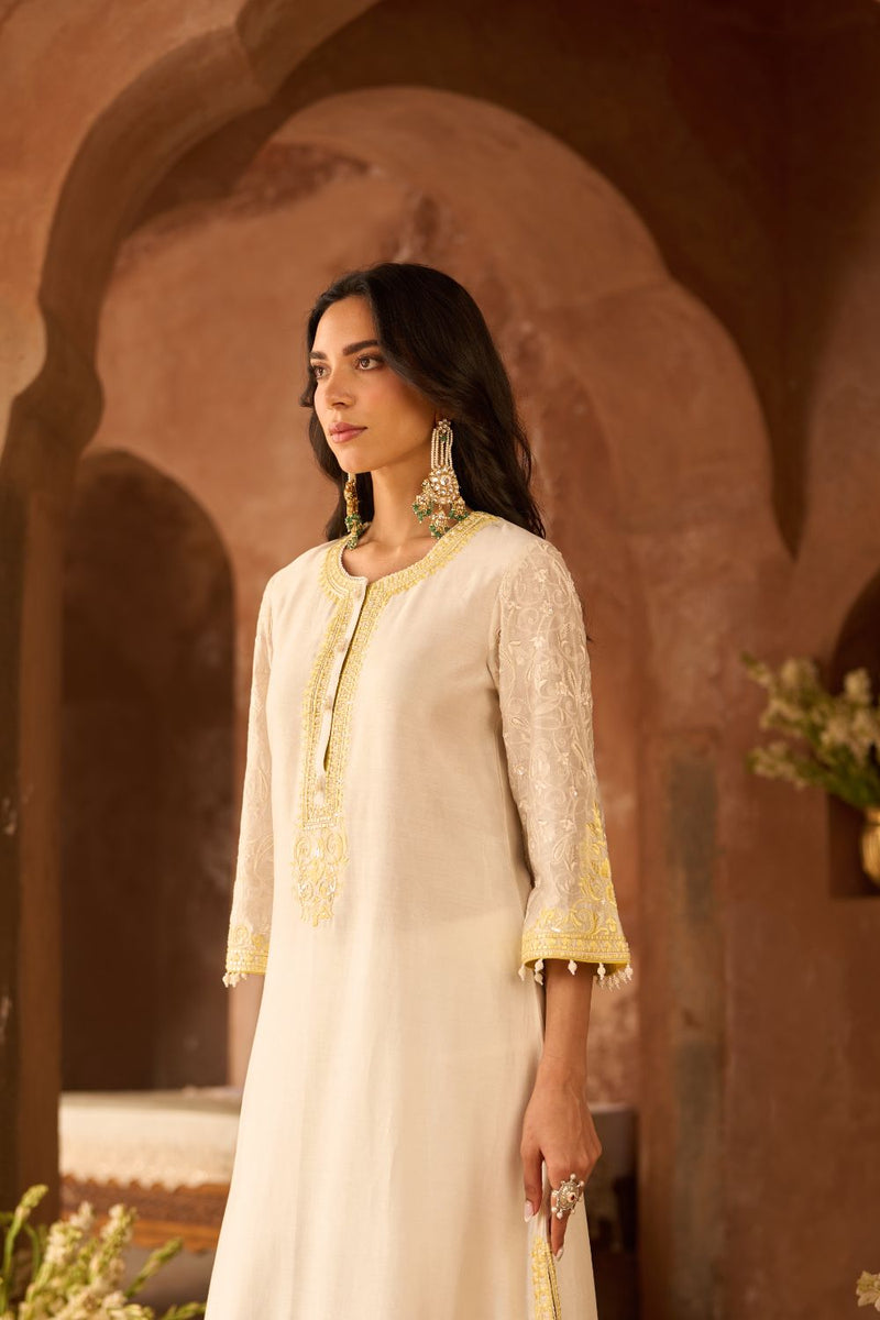 ANAM - DAISY IVORY WITH LEMON YELLOW A-LINE KURTA WITH SALWAR AND DUPATTA silk organza kurta/kurta set by SHEETAL BATRA in daisy ivoy with lemon yellow for women in Singapore