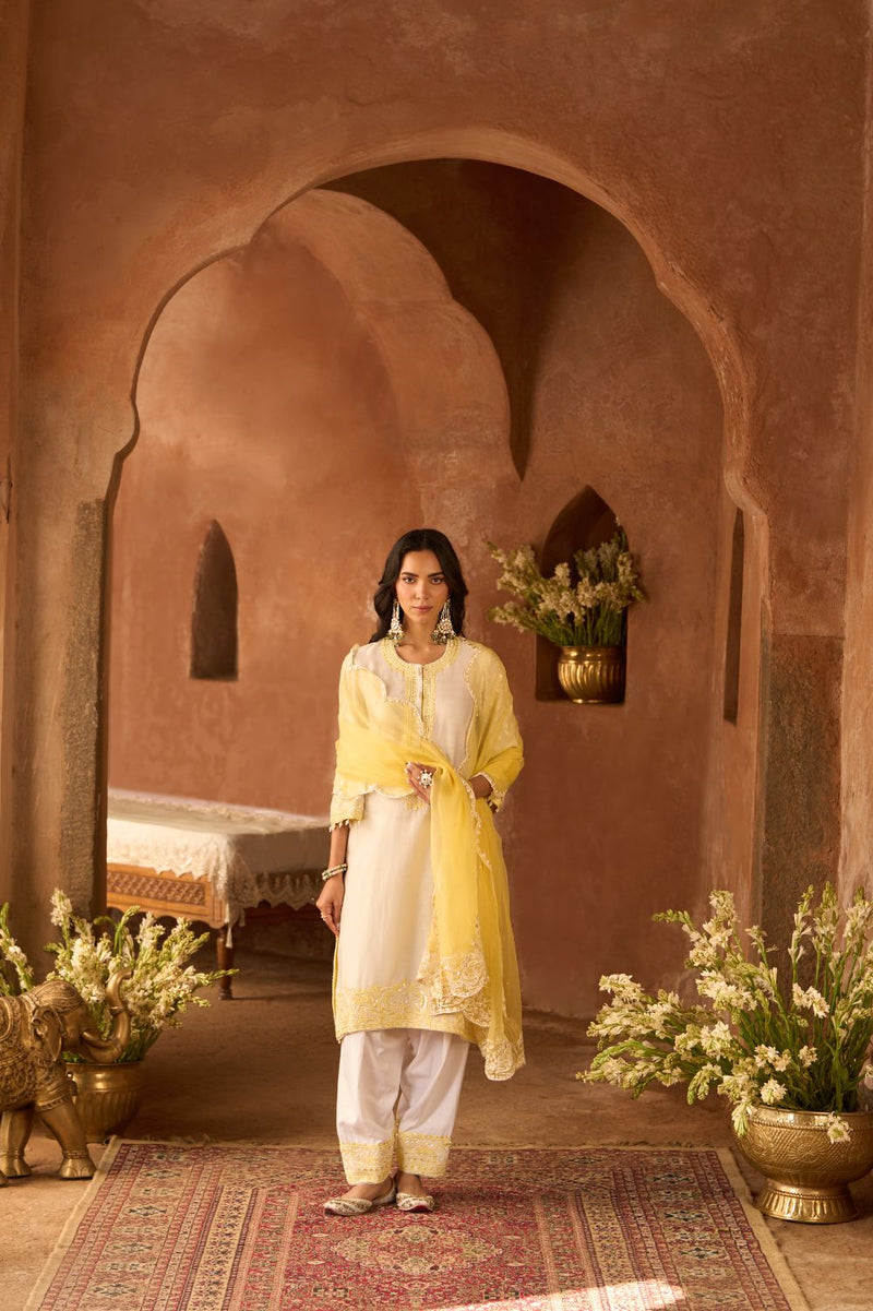 ANAM - DAISY IVORY WITH LEMON YELLOW A-LINE KURTA WITH SALWAR AND DUPATTA silk organza kurta/kurta set by SHEETAL BATRA in daisy ivoy with lemon yellow for women in Singapore