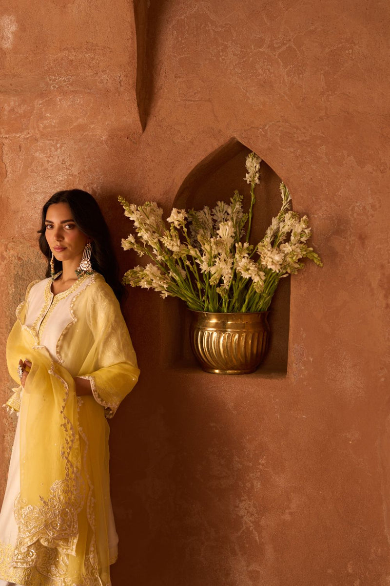 ANAM - DAISY IVORY WITH LEMON YELLOW A-LINE KURTA WITH SALWAR AND DUPATTA silk organza kurta/kurta set by SHEETAL BATRA in daisy ivoy with lemon yellow for women in Singapore