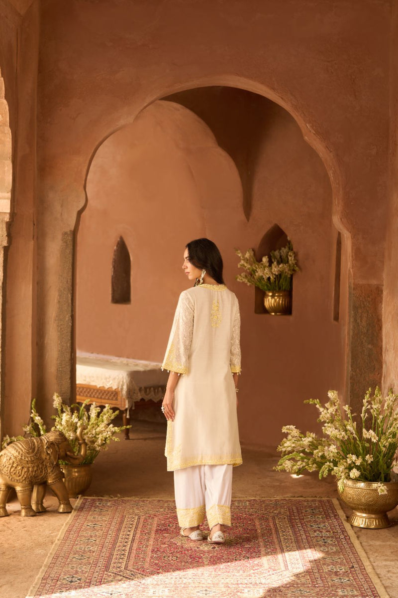 ANAM - DAISY IVORY WITH LEMON YELLOW A-LINE KURTA WITH SALWAR AND DUPATTA silk organza kurta/kurta set by SHEETAL BATRA in daisy ivoy with lemon yellow for women in Singapore