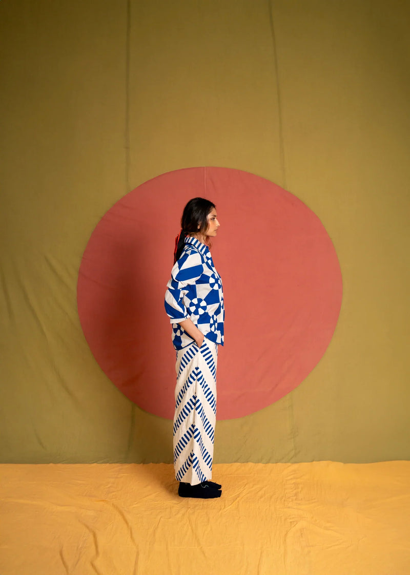 Ang Pants-White and Blue kora cotton pant/trouser by Ka-Sha in blue for women in Singapore