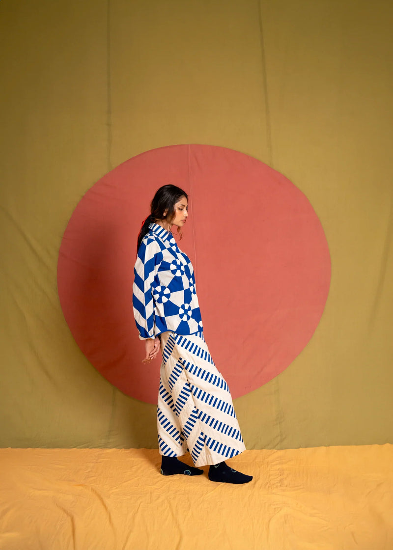Ang Pants-White and Blue kora cotton pant/trouser by Ka-Sha in blue for women in Singapore