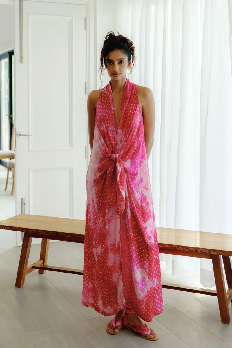 Antara Silk Bandhani Dress silk Buy Antara Silk Bandhani Dress from C&W | Dresses for Women by Ituvana in pink color for women in Singapore