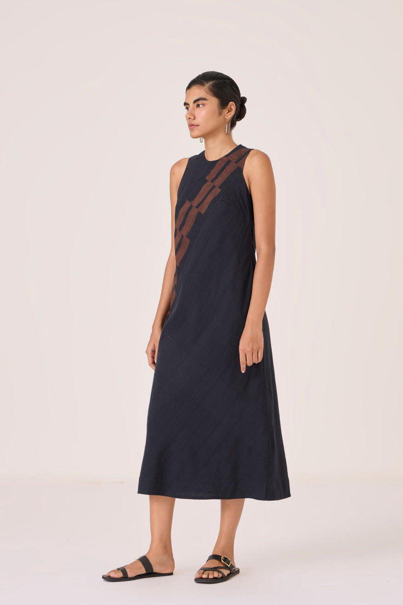 Anura Black Handwoven Sleeveless Midi Dress cotton by The Summer House in brown color for women in Singapore