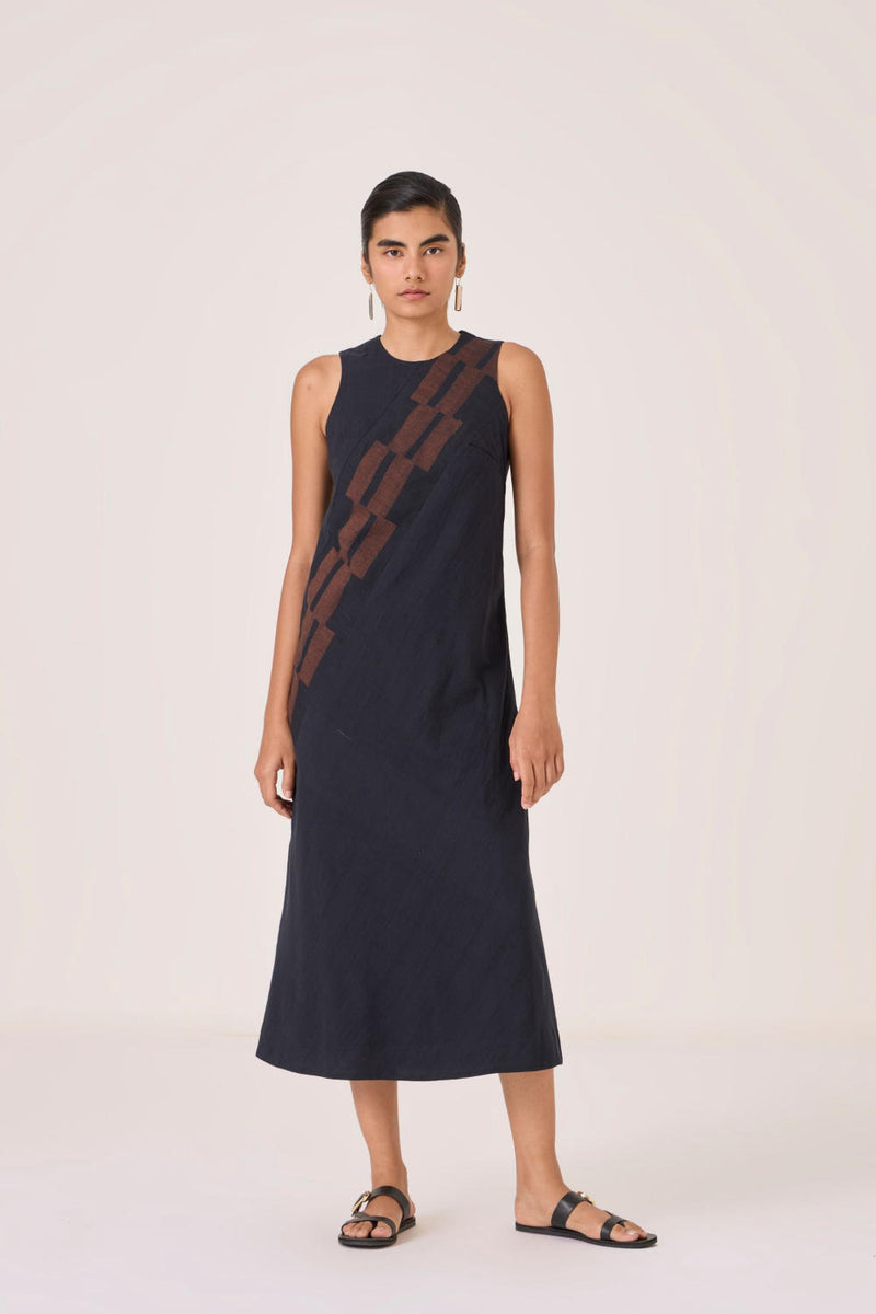 Anura Black Handwoven Sleeveless Midi Dress cotton by The Summer House in brown color for women in Singapore