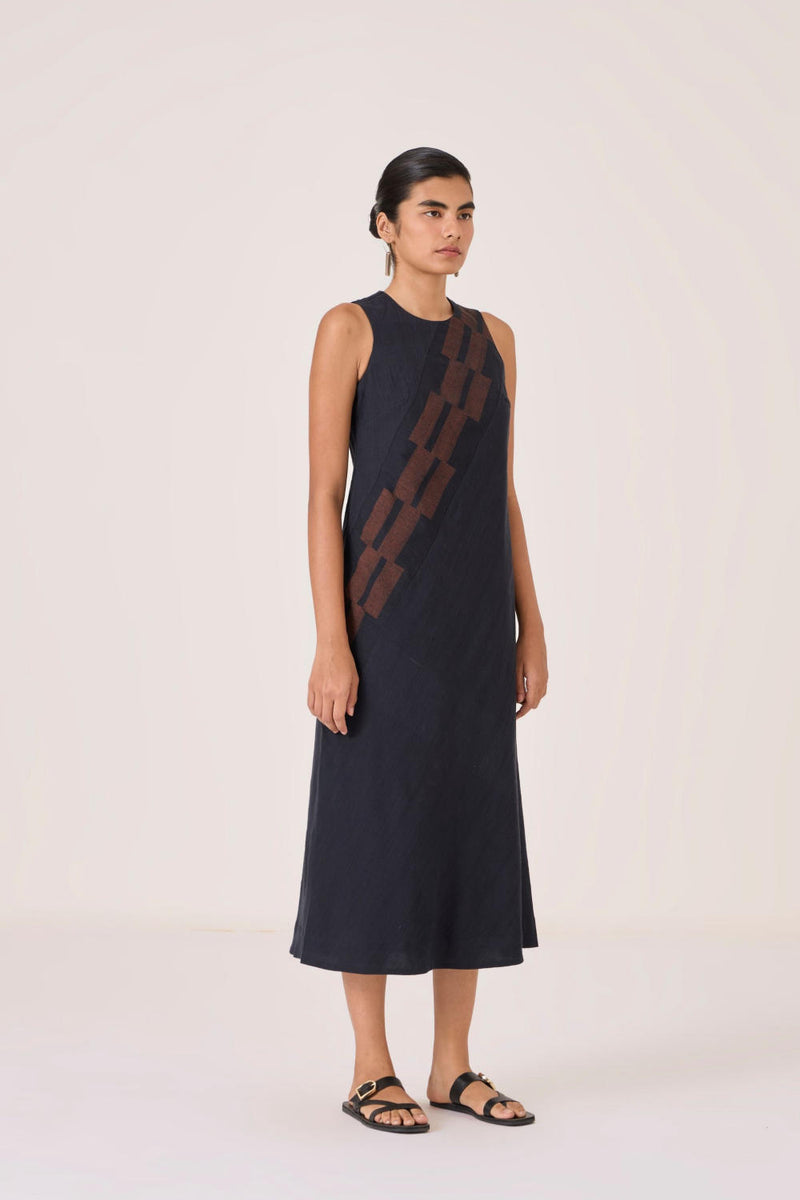 Anura Black Handwoven Sleeveless Midi Dress cotton by The Summer House in brown color for women in Singapore