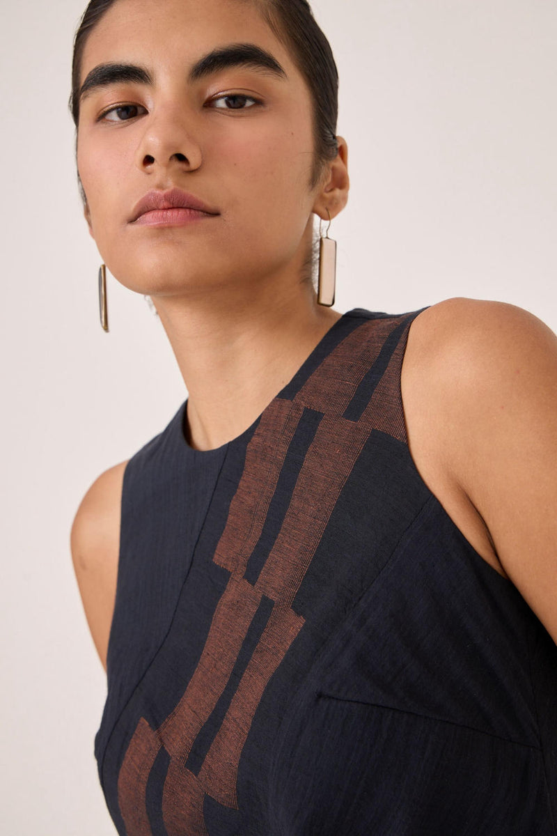 Anura Black Handwoven Sleeveless Midi Dress cotton by The Summer House in brown color for women in Singapore