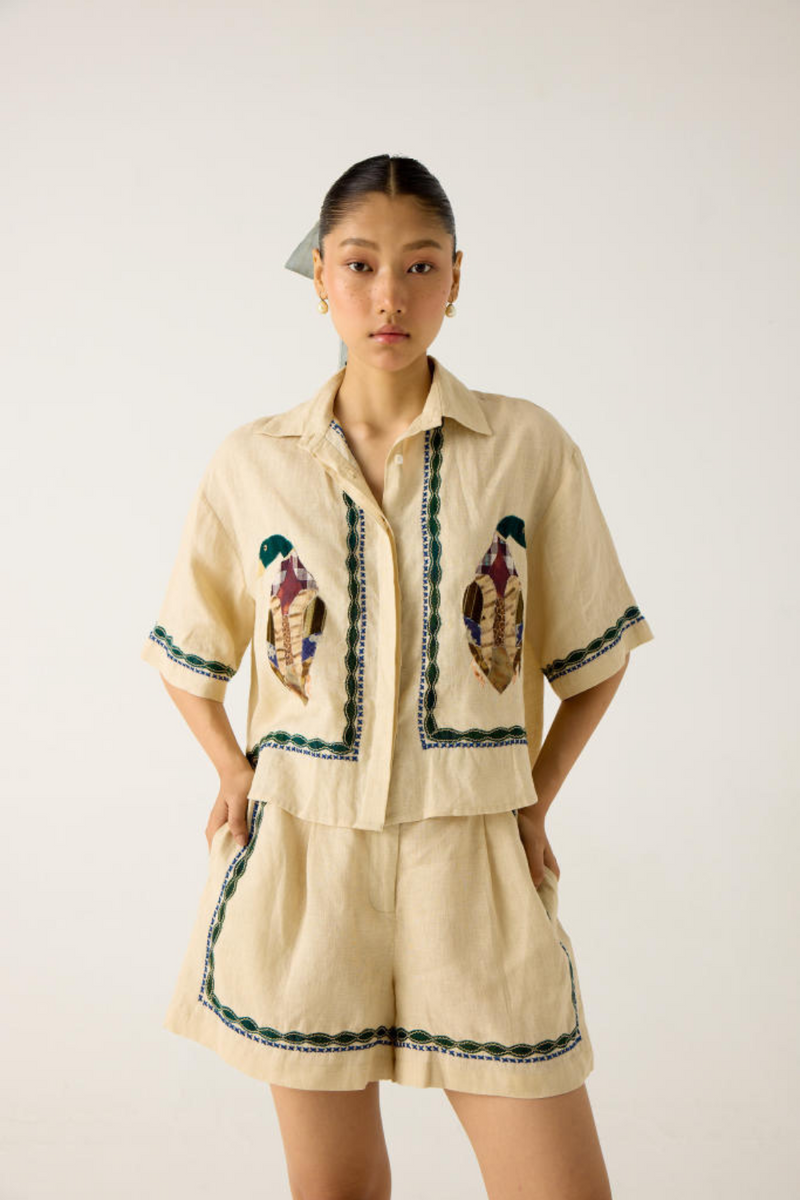 APPLIQUE SHORTS-IVORY linen by CORD in multi for women in Singapore