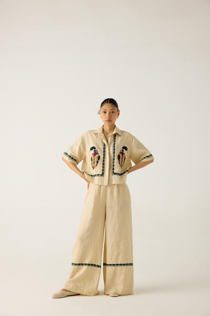 APPLIQUE PANTS -IVORY linen by CORD in multi for women in Singapore