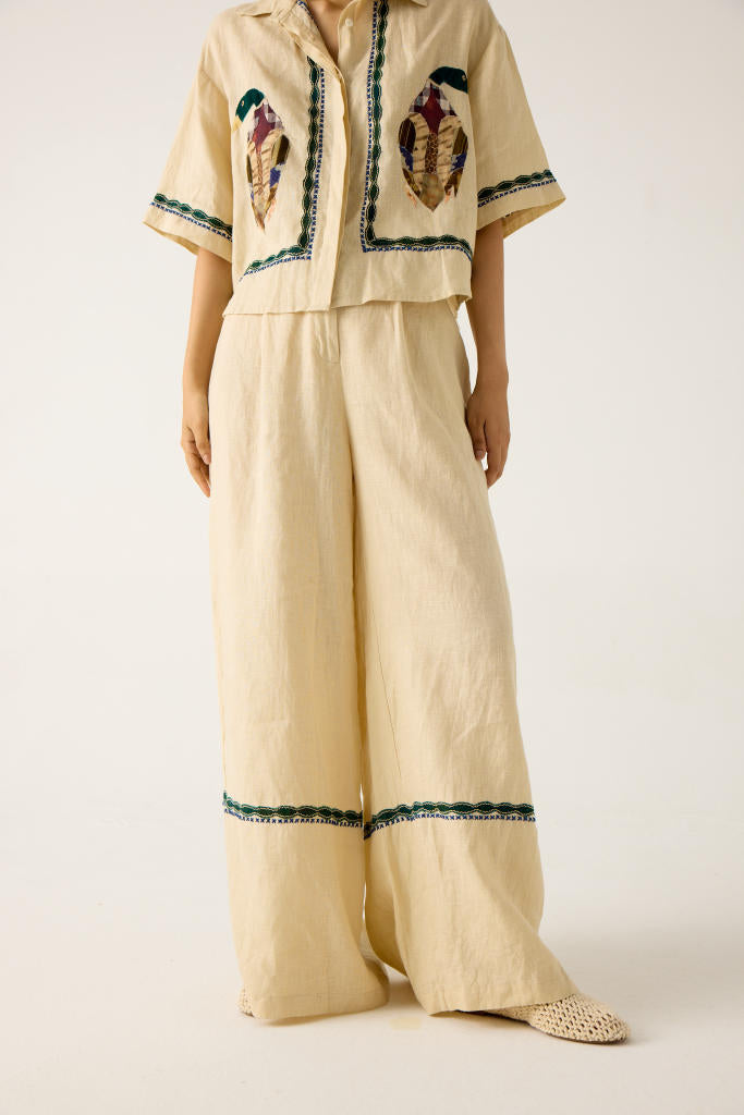 APPLIQUE PANTS -IVORY linen by CORD in multi for women in Singapore