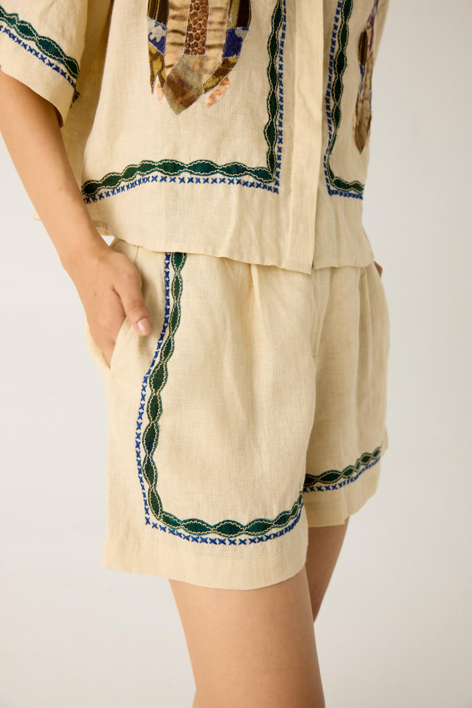 APPLIQUE SHORTS-IVORY linen by CORD in multi for women in Singapore