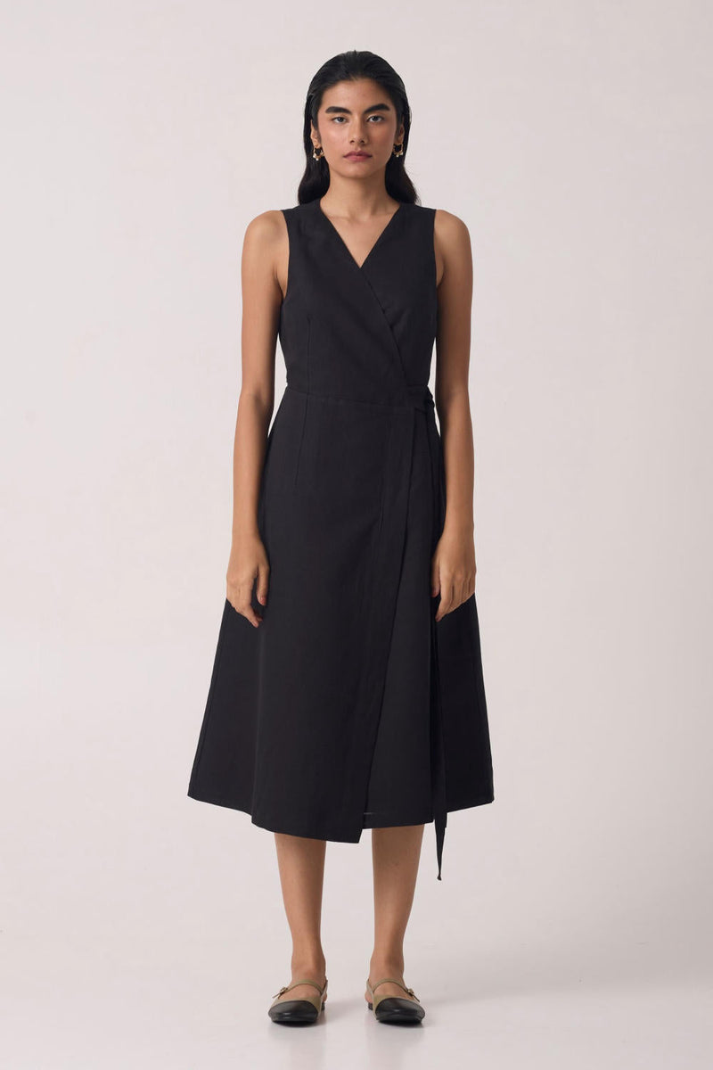 Arandi Black Wrap Dress cotton by The Summer House in black color for women in Singapore