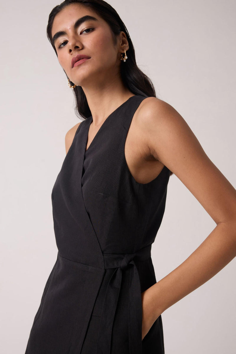 Arandi Black Wrap Dress cotton by The Summer House in black color for women in Singapore