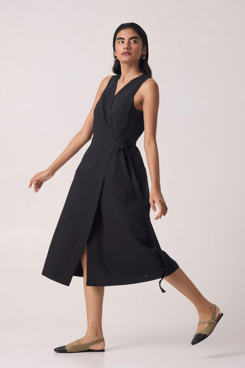 Arandi Black Wrap Dress cotton by The Summer House in black color for women in Singapore
