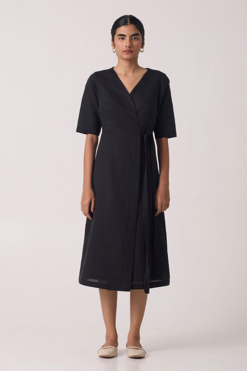 Arandi Black Wrap Dress with Sleeves cotton by The Summer House in black color for women in Singapore