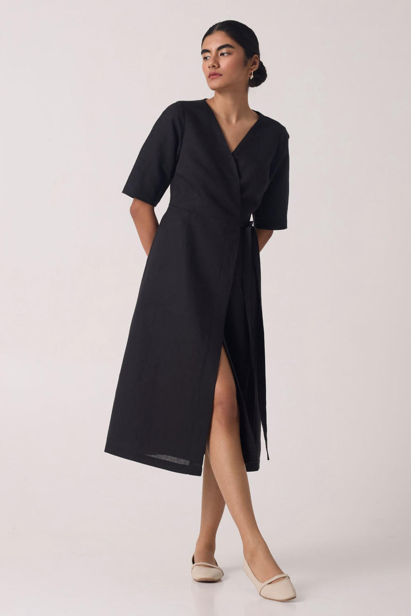 Arandi Black Wrap Dress with Sleeves cotton by The Summer House in black color for women in Singapore