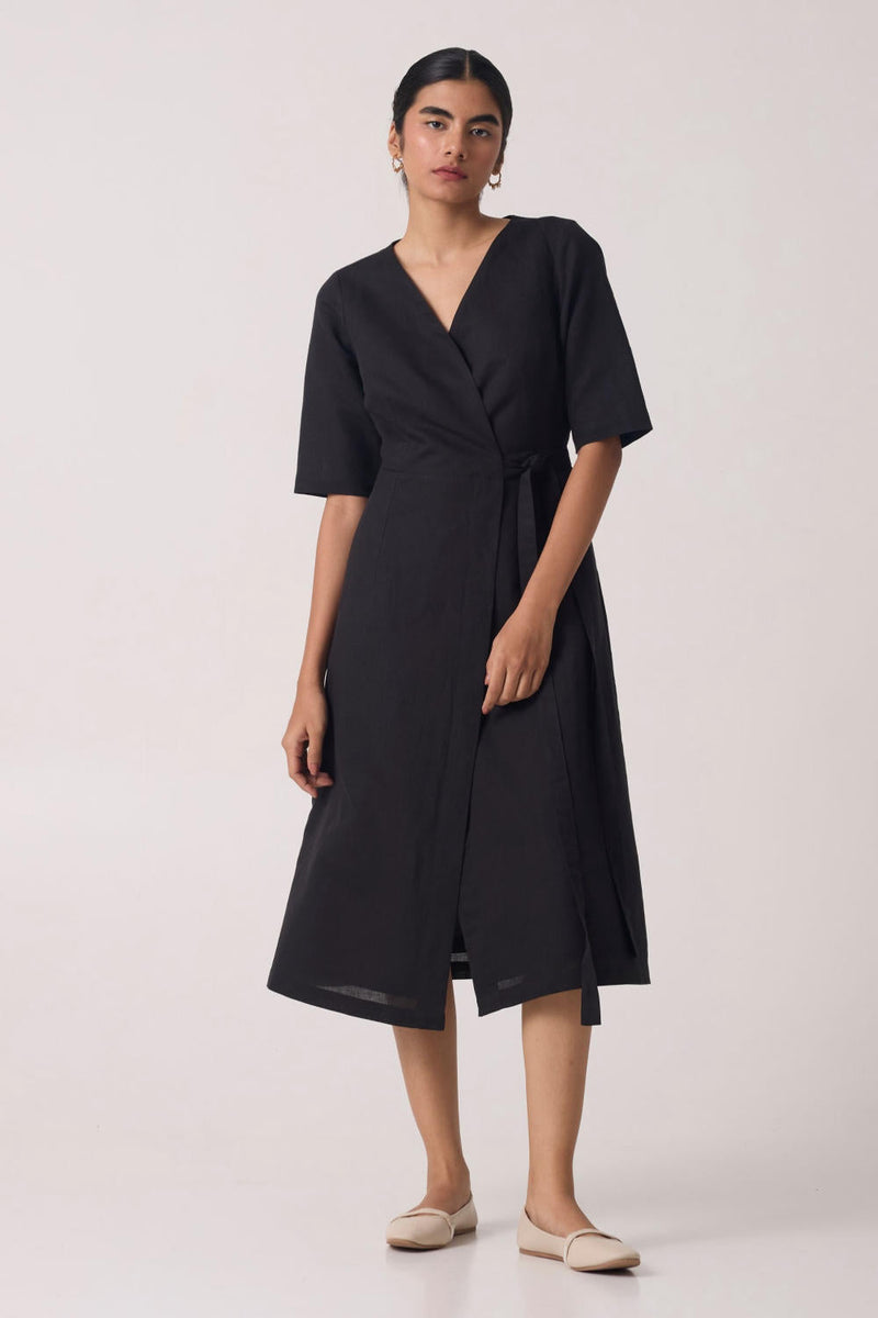 Arandi Black Wrap Dress with Sleeves cotton by The Summer House in black color for women in Singapore