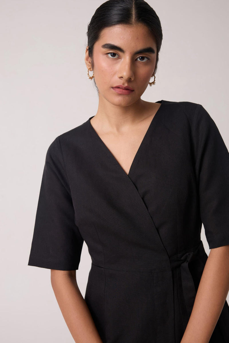 Arandi Black Wrap Dress with Sleeves cotton by The Summer House in black color for women in Singapore