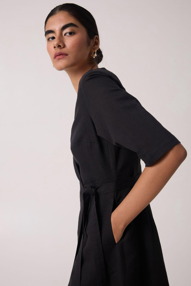 Arandi Black Wrap Dress with Sleeves cotton by The Summer House in black color for women in Singapore