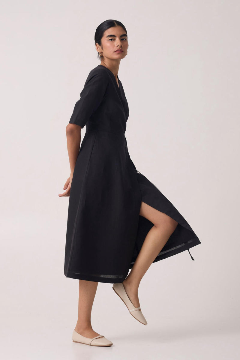 Arandi Black Wrap Dress with Sleeves cotton by The Summer House in black color for women in Singapore