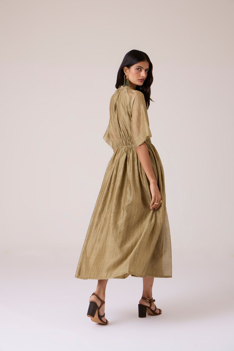 Arha Olive Handwoven Dress chanderi by The Summer House in olive color for women in Singapore