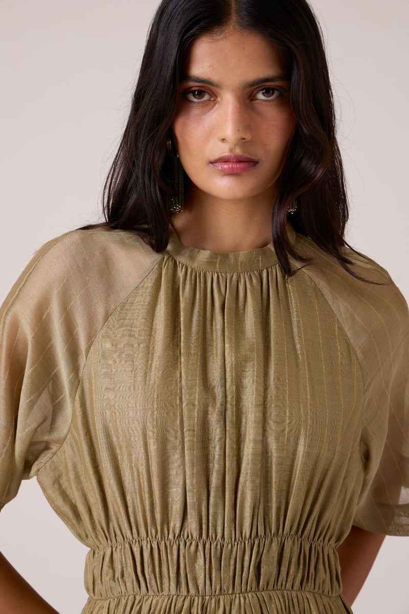 Arha Olive Handwoven Dress chanderi by The Summer House in olive color for women in Singapore