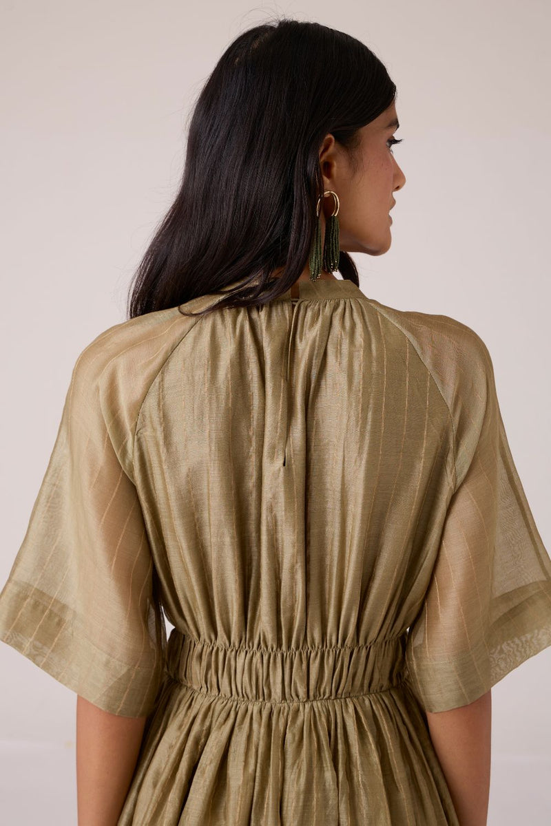 Arha Olive Handwoven Dress chanderi by The Summer House in olive color for women in Singapore